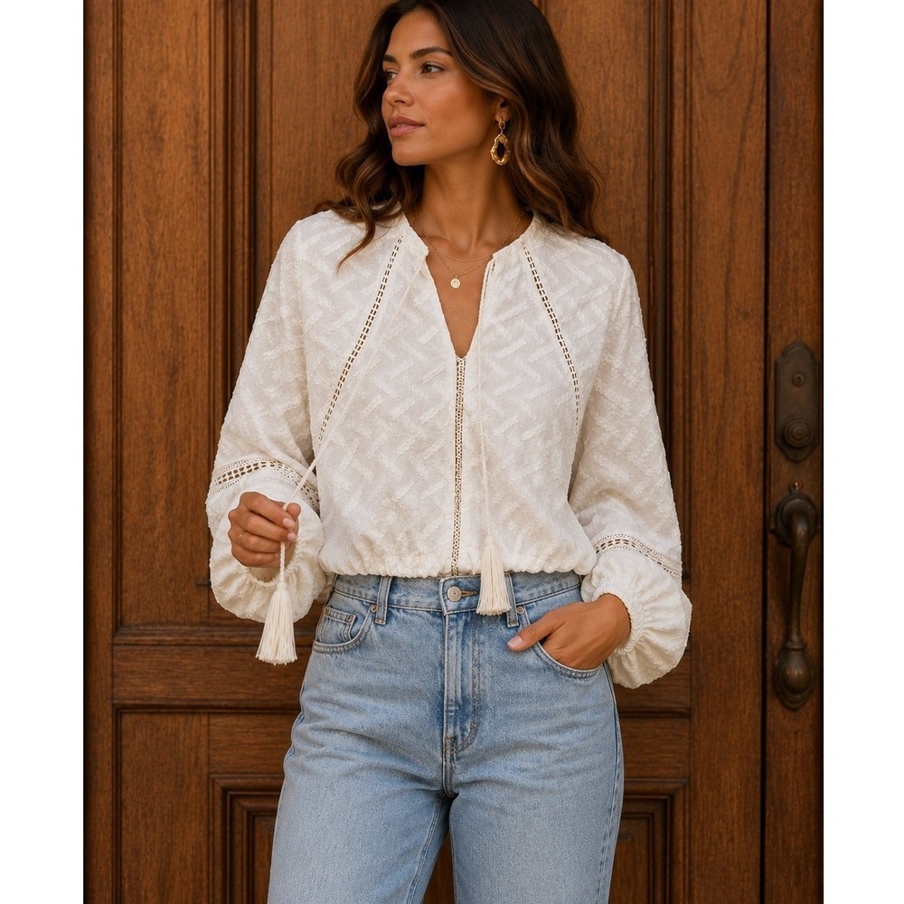 Line & Dot White Textured Cotton Boho Crop Blouse Tassel Tie Top Small